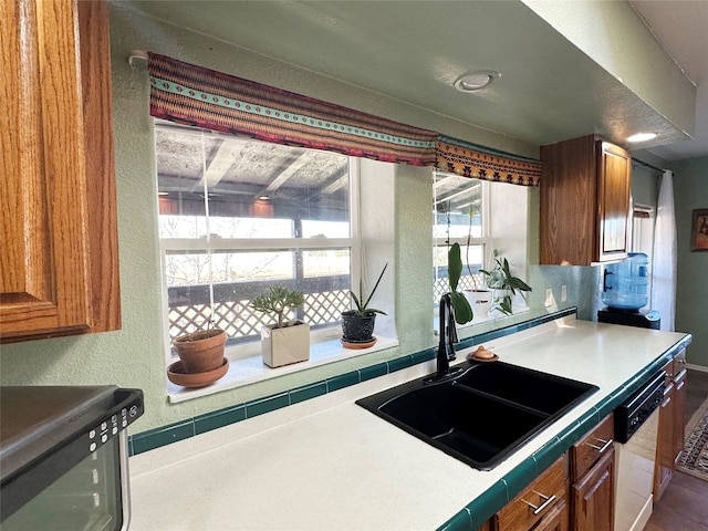 kitchen with sink, tasteful backsplash, and white dishwasher