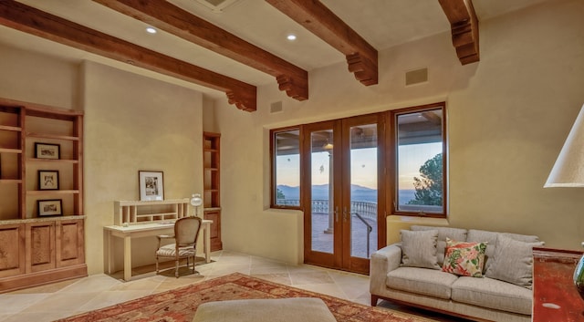 tiled living room featuring french doors, beam ceiling, and built in shelves