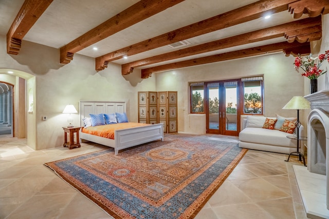 bedroom with french doors, beam ceiling, light tile flooring, and access to outside