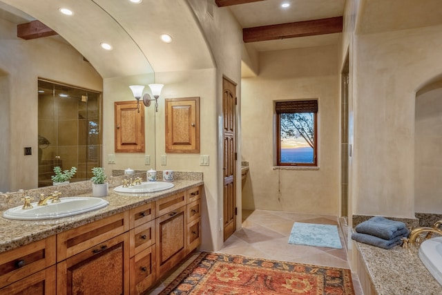 bathroom featuring tile flooring, independent shower and bath, dual sinks, vaulted ceiling with beams, and vanity with extensive cabinet space