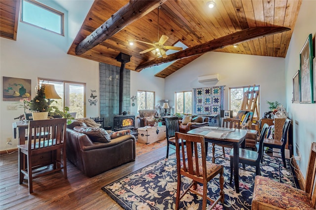 dining space with a wood stove, hardwood / wood-style floors, beam ceiling, wood ceiling, and ceiling fan