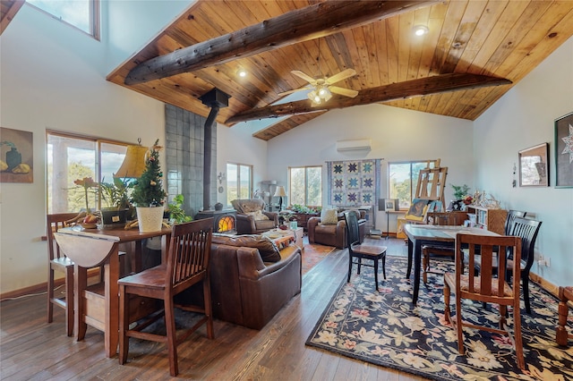 living room with wood-type flooring, beamed ceiling, high vaulted ceiling, wooden ceiling, and ceiling fan