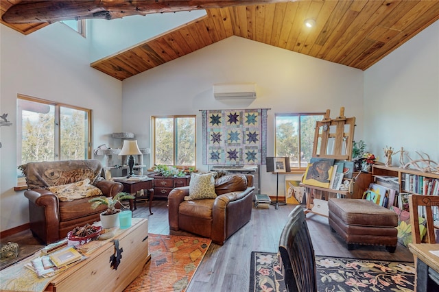 living room with wood ceiling, plenty of natural light, and hardwood / wood-style flooring