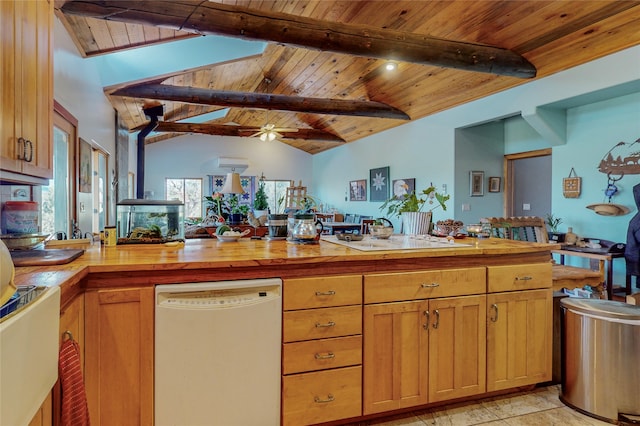 kitchen featuring lofted ceiling with beams, wooden ceiling, ceiling fan, and white dishwasher