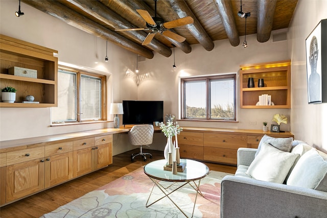 living room featuring ceiling fan, hardwood / wood-style floors, beam ceiling, built in desk, and wood ceiling