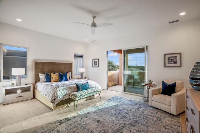 tiled bedroom featuring access to outside and ceiling fan