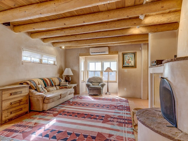 living room with wood ceiling, a wall mounted AC, and beamed ceiling