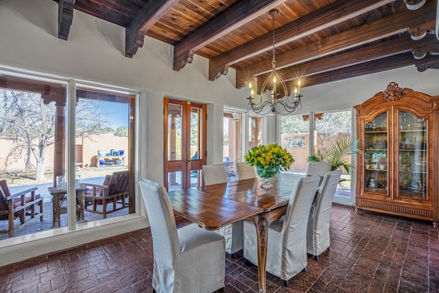 dining space featuring wooden ceiling, a notable chandelier, beam ceiling, and a healthy amount of sunlight