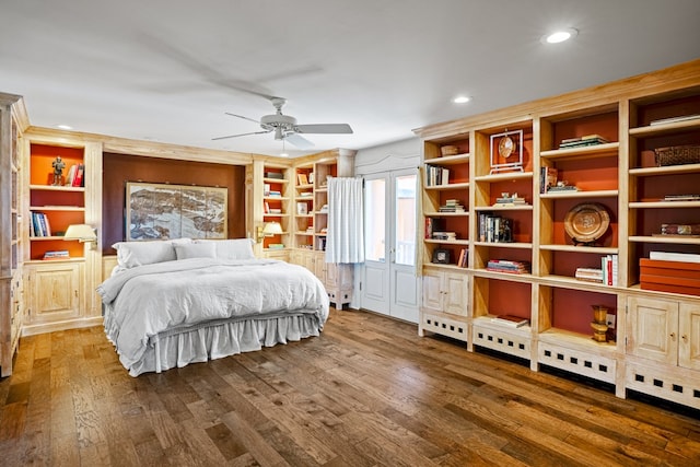 bedroom featuring ceiling fan and dark wood-type flooring