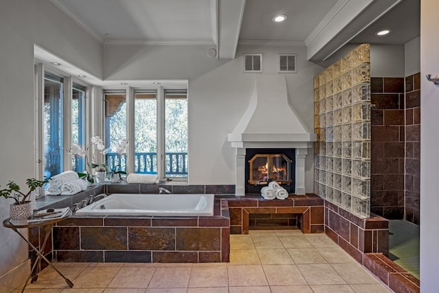 bathroom featuring shower with separate bathtub, crown molding, tile flooring, and beamed ceiling