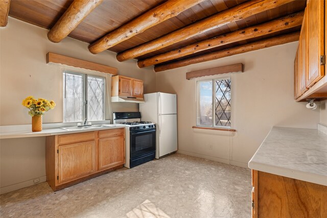 kitchen with sink, white appliances, beamed ceiling, and wood ceiling