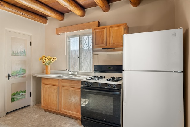 kitchen featuring white appliances, sink, beamed ceiling, wooden ceiling, and light tile flooring