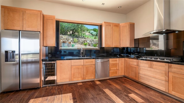 kitchen featuring dark wood-type flooring, stainless steel appliances, wine cooler, ventilation hood, and tasteful backsplash