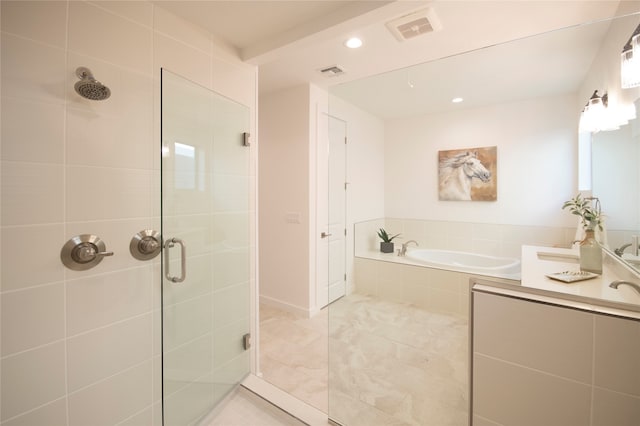 bathroom featuring tile flooring and plus walk in shower