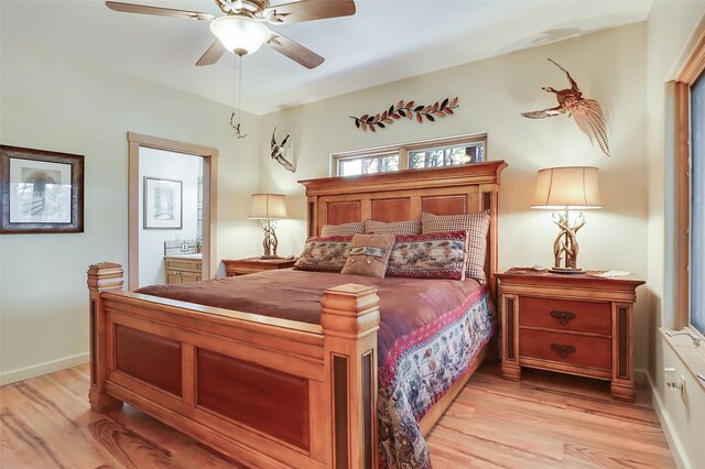 bedroom with light hardwood / wood-style flooring, ceiling fan, and access to outside