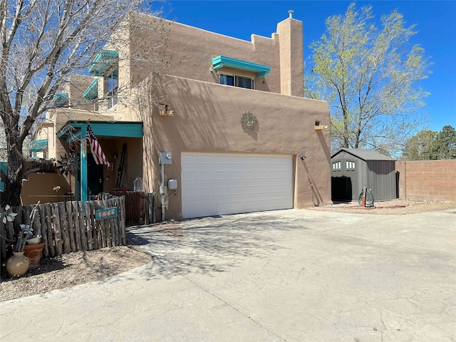 view of front of house with a storage shed and a garage