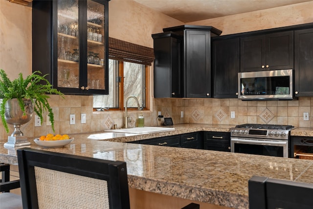 kitchen with appliances with stainless steel finishes, sink, backsplash, and light stone counters