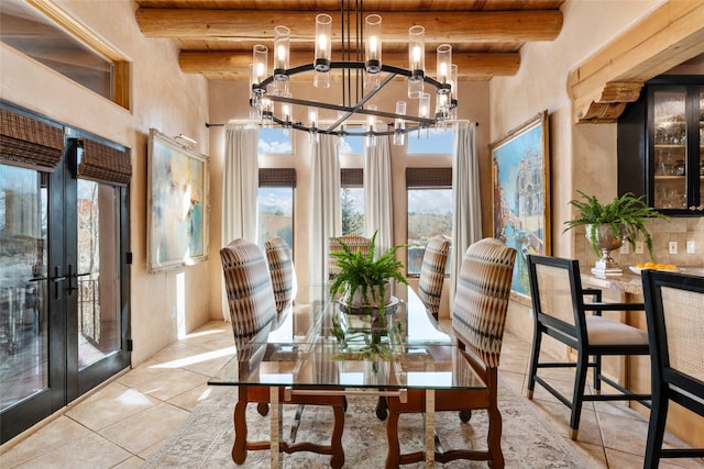 unfurnished dining area with an inviting chandelier, wooden ceiling, and beam ceiling