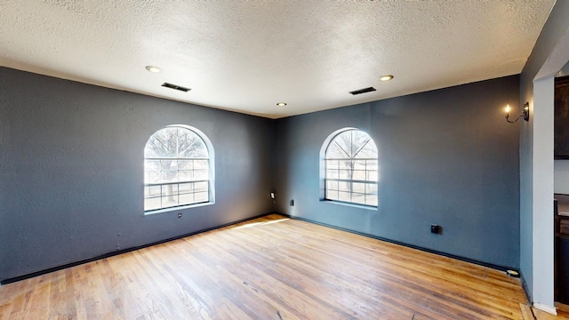 empty room featuring light hardwood / wood-style flooring, a healthy amount of sunlight, and a textured ceiling