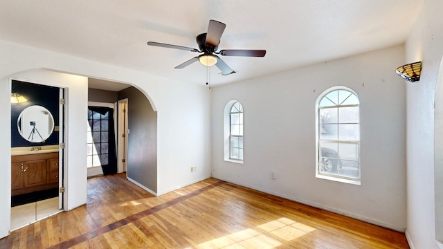 spare room featuring a wealth of natural light, light hardwood / wood-style floors, and ceiling fan