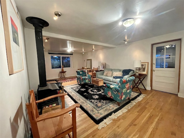 living room featuring a wood stove and light hardwood / wood-style flooring