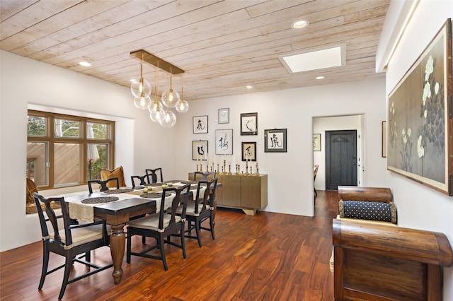 dining room featuring wood ceiling and dark hardwood / wood-style floors