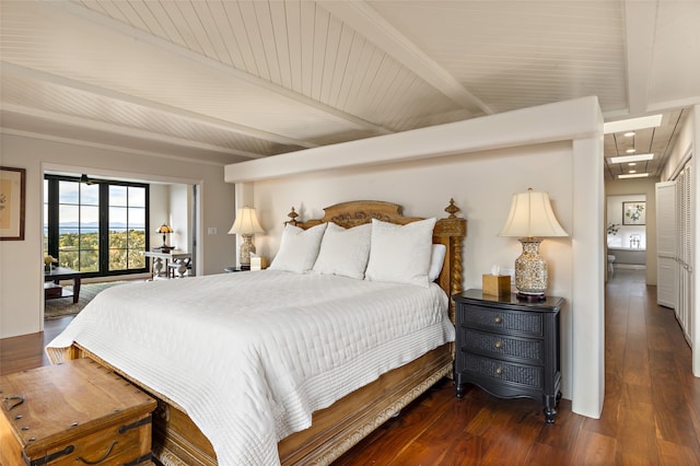 bedroom with dark hardwood / wood-style floors, beamed ceiling, and wooden ceiling