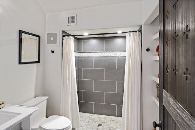 bathroom with toilet and a shower with shower curtain