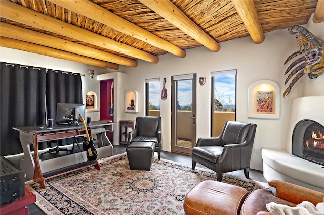 living area with wood ceiling and beam ceiling