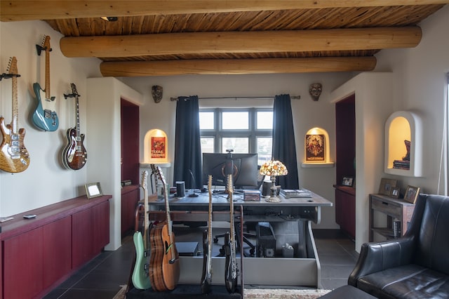 tiled office space with wooden ceiling and beam ceiling