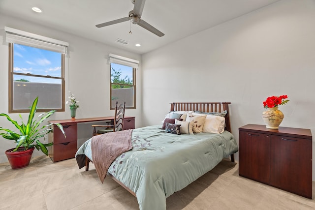 bedroom featuring light tile patterned floors, visible vents, recessed lighting, and ceiling fan