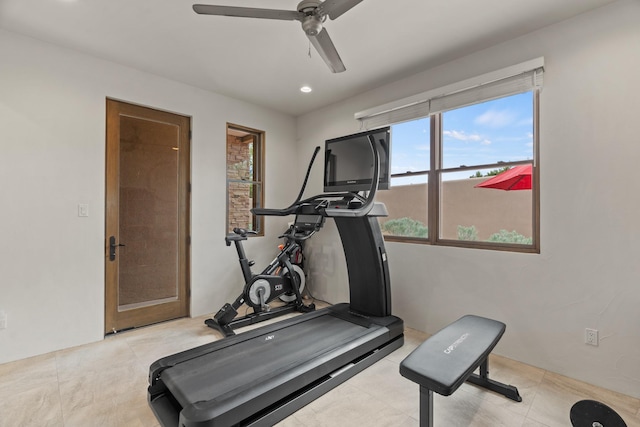 workout area with recessed lighting and a ceiling fan