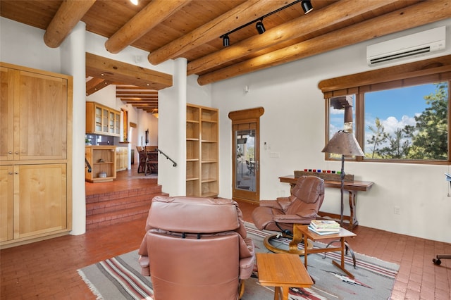 interior space featuring wood ceiling, beamed ceiling, and a wall mounted air conditioner