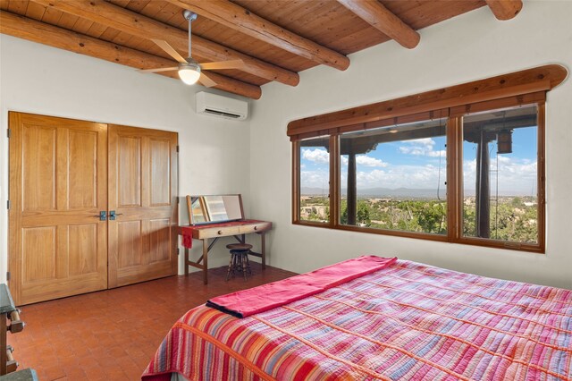 bedroom featuring wood ceiling, beam ceiling, ceiling fan, and a wall mounted air conditioner