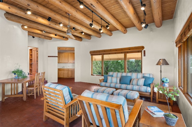 living room featuring wood ceiling, beamed ceiling, and track lighting