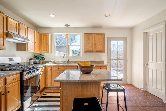 kitchen featuring under cabinet range hood, stainless steel range with gas stovetop, a healthy amount of sunlight, and a sink