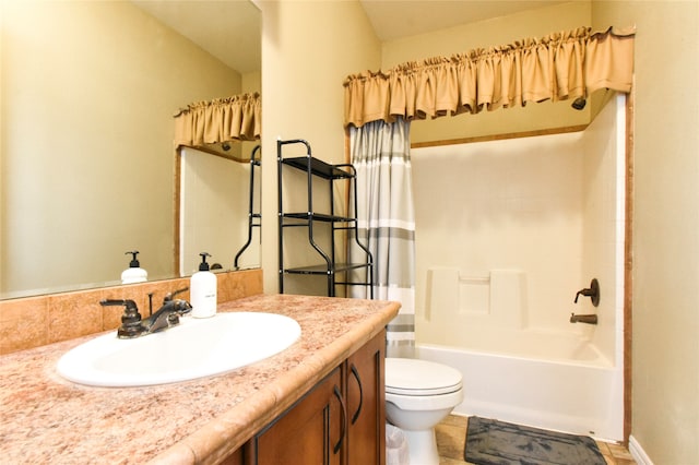 full bathroom featuring shower / bath combination with curtain, vanity, and toilet