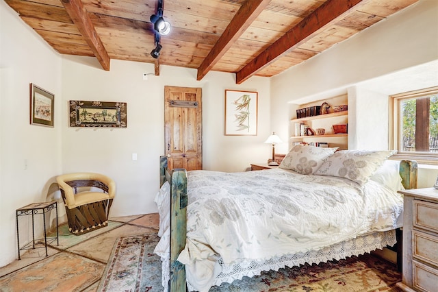 bedroom featuring wooden ceiling and beamed ceiling