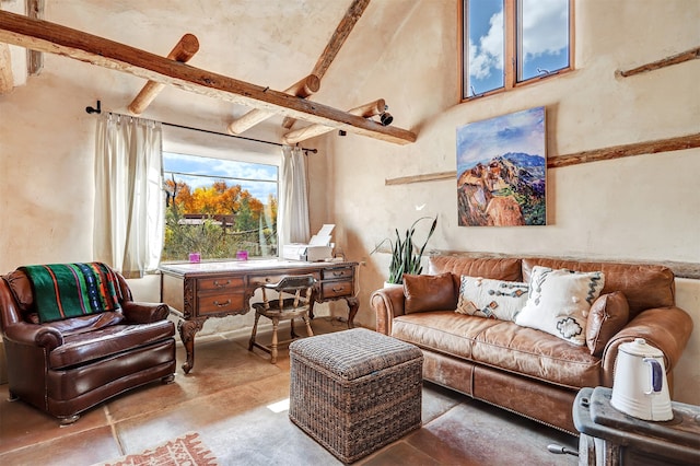 living room featuring beam ceiling