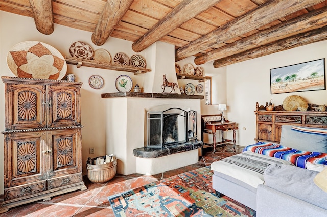 tiled living room featuring beam ceiling and wooden ceiling