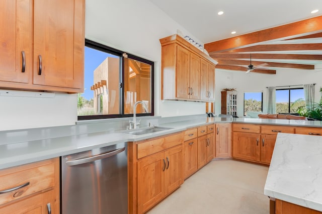 kitchen featuring kitchen peninsula, stainless steel dishwasher, ceiling fan, sink, and lofted ceiling with beams