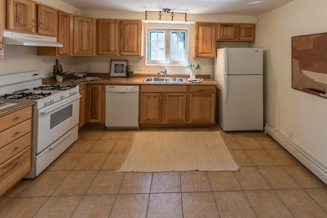 kitchen featuring light tile patterned floors, white appliances, sink, and baseboard heating