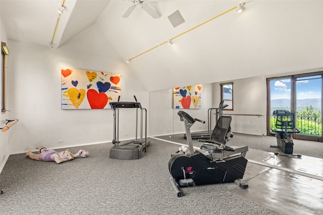 workout room featuring vaulted ceiling, track lighting, and ceiling fan