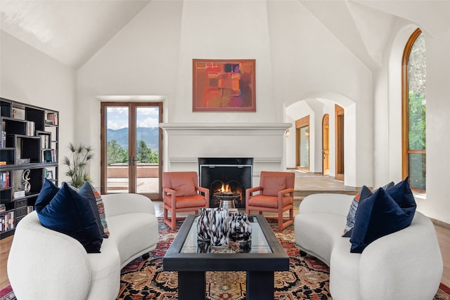 living room featuring hardwood / wood-style flooring and high vaulted ceiling