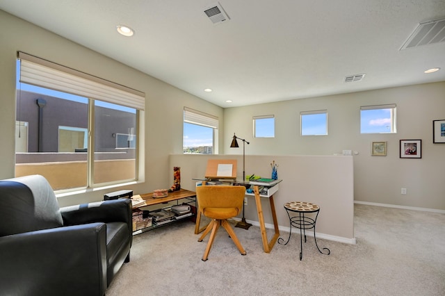 carpeted home office featuring recessed lighting, visible vents, and baseboards