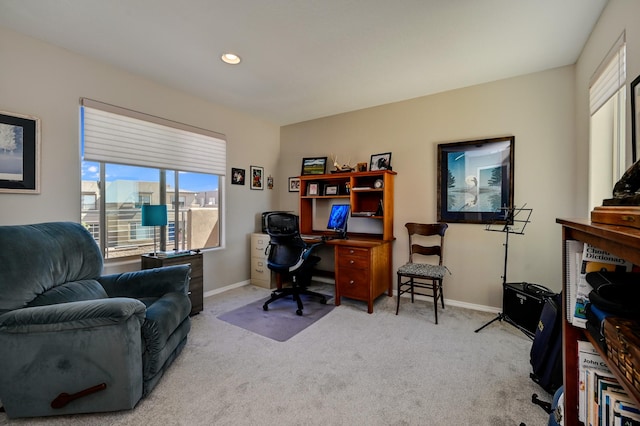 office with recessed lighting, carpet flooring, and baseboards