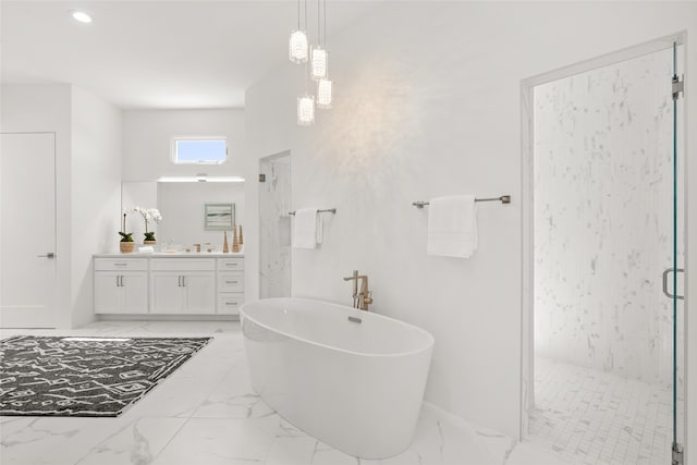 bathroom with tile patterned floors, vanity, and plus walk in shower