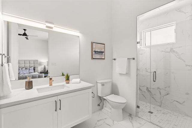 bathroom with toilet, an enclosed shower, ceiling fan, tile patterned flooring, and vanity