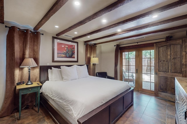 bedroom featuring access to outside, french doors, and beamed ceiling