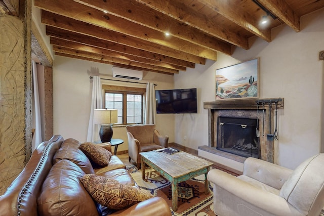 living room featuring beamed ceiling, wood ceiling, and a wall unit AC